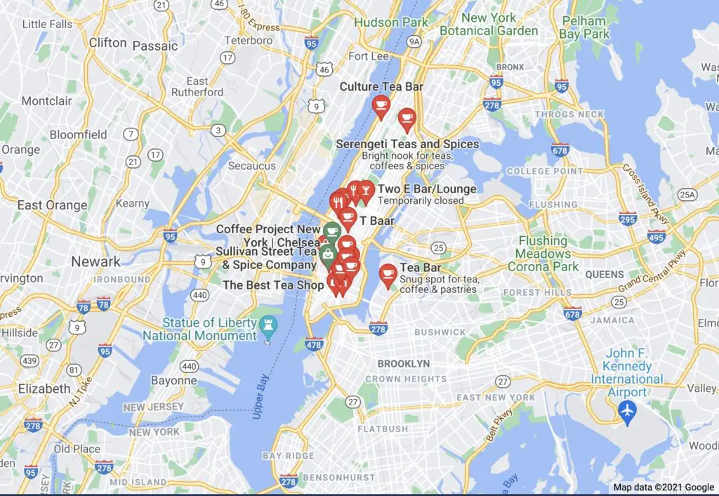 google map of tea bars in new york